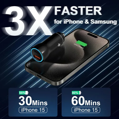Vista 3 de Cargador de coche para iPhone 17 16 15, [Certificado MFi de Apple] Cargador de coche USB C de 43W de carga rápida con cable tipo C a C de 1 metro