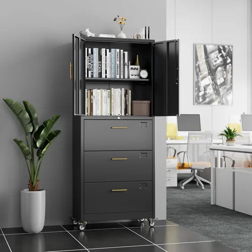 Vista 8 de METAN - Archivador de metal con 3 cajones y 1 estante, archivador de oficina con ruedas y cerradura, almacenamiento de oficina para tamaño Negro