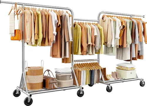 Vista 11 de Raybee Perchero de ropa resistente con carga de 500 libras, perchero con ruedas, doble barra para colgar ropa, perchero comercial portátil