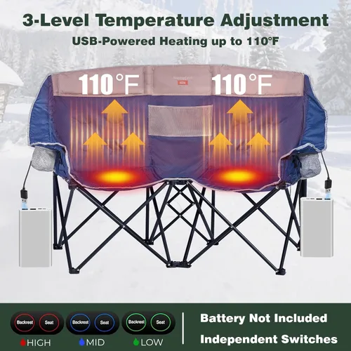 Vista 4 de SUNNYFEEL Silla de Campamento Doble con Calefacción, Silla Loveseat Plegable de Gran Tamaño, Silla de Jardín Portátil/Plegable de Servicio Pesado