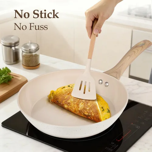 Vista 4 de M MELENTA Juego de ollas y sartenes antiadherentes, juego de utensilios de cocina de cerámica no tóxica, 11 piezas de utensilios de cocina de Crema