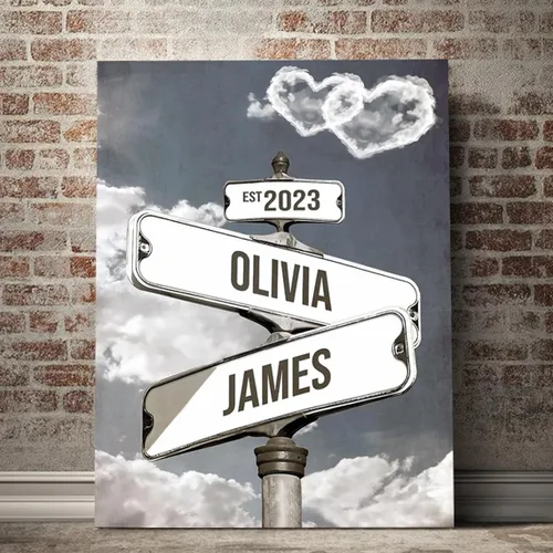 Vista 28 de Señal de calle vintage personalizada para parejas en lienzo, nombres y fecha personalizados, regalos de Navidad para ella o él, regalo del Día
