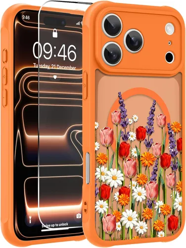 Vista 61 de OOK Funda magnética para iPhone 13 Pro Max [compatible con MagSafe] Funda delgada translúcida mate con flor silvestre negra, protección para lente