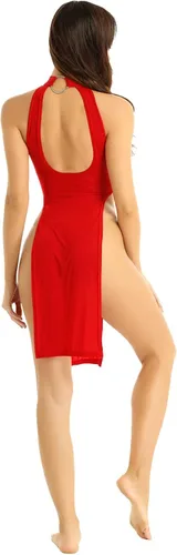 Vista 3 de Yartina Vestido de lencería con cuello halter para mujer, con abertura lateral, sin mangas, mini cheongsam, camisón para fiesta, club