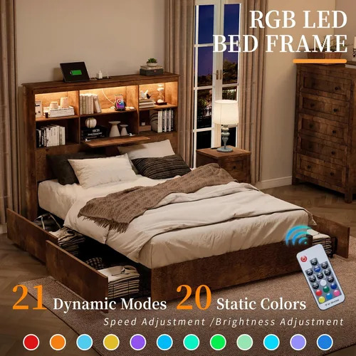 Vista 3 de LUXOAK Marco de cama tamaño Queen con cabecera de estantería LED