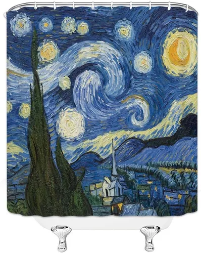Vista 4 de Cortina de ducha pequeña, noche estrellada, pintura al óleo azul, arte abstracto, cielo azul, nube, estrella, luna, paisaje, RV, baño, decoración