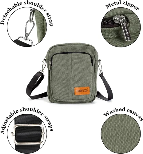 Vista 6 de Pequeñas bolsas de mensajero de lona casuales ligeras, bolso cruzado de viaje, bolsas de hombro para mujeres y hombres, bolsa lateral de lona