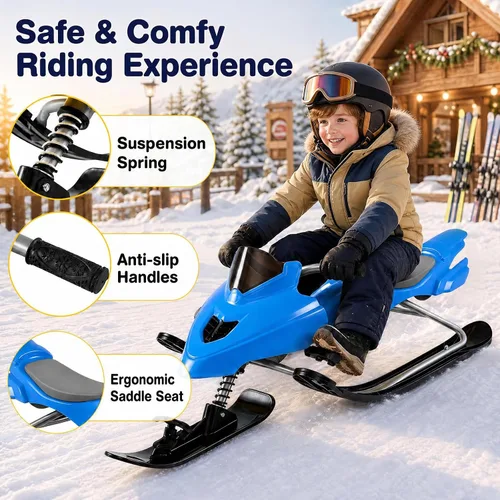 Vista 3 de GYMAX Trineo Snow Racer, trineo con manijas de dirección, frenos Azul