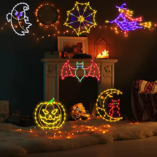Vista 6 de Decoraciones de Luces de Siluetas para Ventana de Halloween de 16" - Paquete de 6 Colores Iluminados Gato en Luna y Fantasma y Telaraña y Calabaza