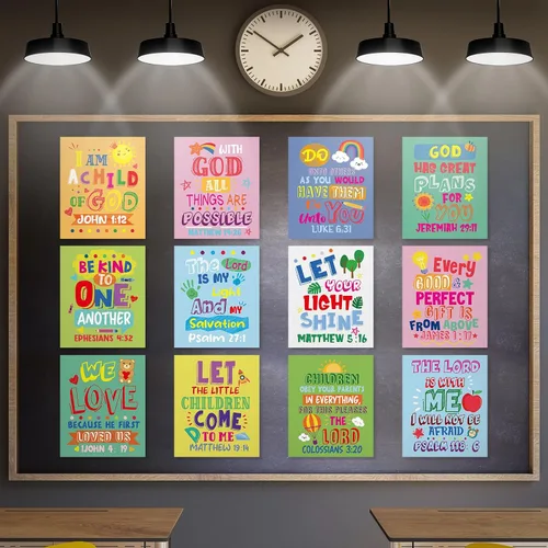 Vista 9 de Cinrobiye 12 carteles con versículo bíblico para niños, arte de pared cristiano inspirador con citas de las Escrituras, decoración religiosa
