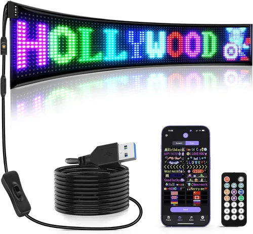 Vista 14 de Rayhome Mini letrero LED para automóvil, 6.7 x 2.76 pulgadas, panel de matriz LED flexible, USB 5 V, control de aplicación Bluetooth, letrero LED