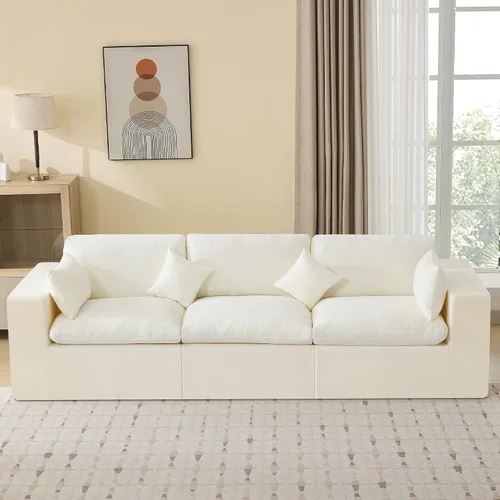 Vista 26 de WUTUTUEE Otomana Cloud de 33.5 pulgadas para sofá modular, cómodo reposapiés tapizado de felpilla con espuma viscoelástica, embalaje totalmente Beige