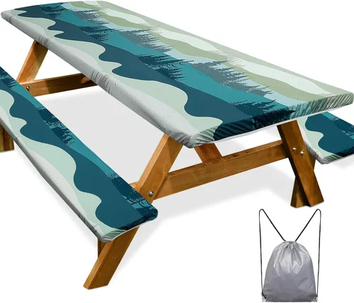 Vista 12 de Funda de mesa de picnic con fundas para bancos Esenciales de camping Mantel de picnic impermeable y a prueba de viento con bolsa de cordón, funda