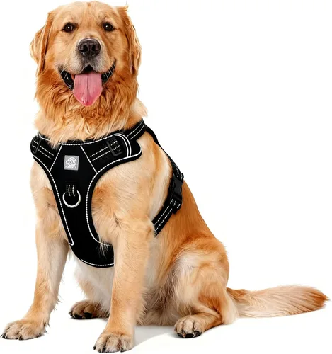 Vista 13 de Arnés de chaleco para perros - Acolchado ajustable reflectante con diseño fácil de poner y accesorio de correa (S, negro)