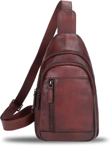 Vista 2 de IVTG Bolso bandolera de cuero genuino para mujeres y hombres, bolso cruzado de cuero, bolso de hombro para el pecho, mochila, Café, Mochilas Sling