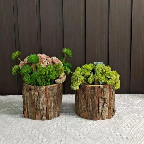 Vista 8 de OSALADI 2 macetas de tronco de árbol, corteza de madera, suculentas, cubo, rústico, natural, cactus, maceta, florero, contenedor para arreglos