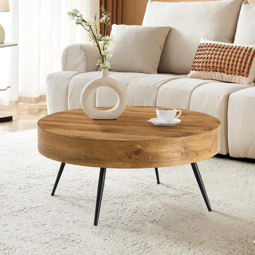 Vista 8 de LKTART Mesa de centro para sala de estar, mesas de centro redondas de madera con almacenamiento, mesa de té moderna de centro de metal para Marrón