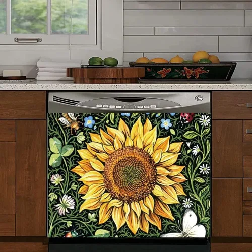 Vista 9 de Adhesivo para cubierta de lavavajillas con diseño de girasoles de granja, panel de calcomanías para nevera, funda de vinilo estilo granja, ordinario