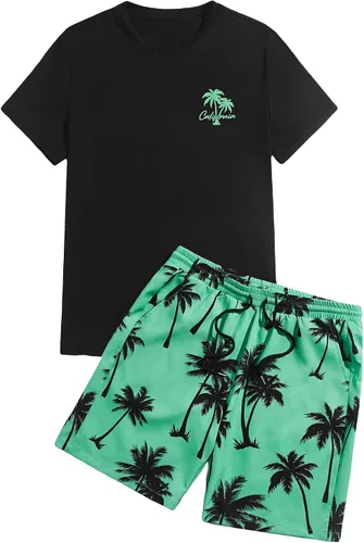 Vista 86 de GORGLITTER Conjunto de 2 piezas de camiseta gráfica de manga corta para hombre, estampado hawaiano con cordón y pantalones cortos