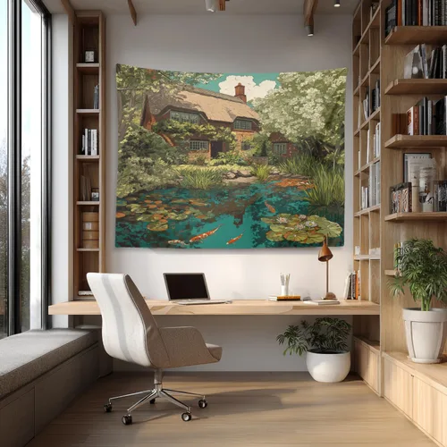 Vista 2 de Shrahala Peaceful Retreat Charming Abode Tapestry, Verdant Landscape Water Wall Hanging Hd Print Polyester Backdrop For Dorm Room Bedroom 30 X 40 In