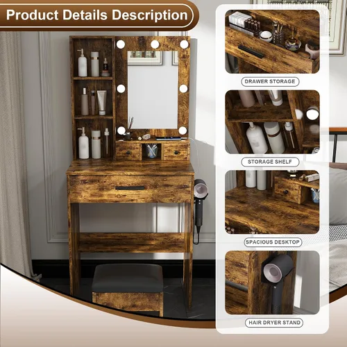Vista 6 de Mesa de tocador con espejo y luces LED ajustables, soporte para secador de pelo, cajones de almacenamiento y taburete, escritorio compacto