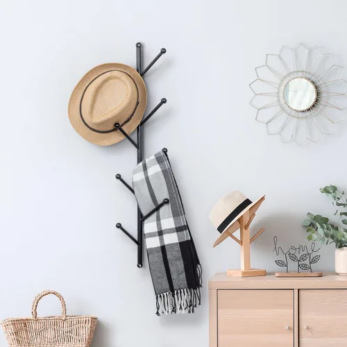 Vista 4 de MyGift 8 ganchos montados en la pared, moderno metal negro mate para sombreros y percheros, perchero decorativo vertical colgante con ganchos