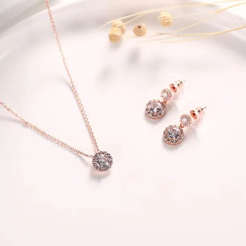 Vista 2 de Vinjewelry Juego de collar y aretes de circonita cúbica chapados en oro rosa blanco de 14 quilates, joyería de boda para novia, Metal, otro