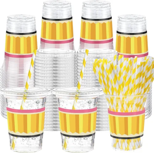 Vista 28 de Sliner 50 juegos de vasos de plástico a cuadros de 16 onzas con tapas y pajitas de papel, vasos desechables transparentes para fiesta de autos