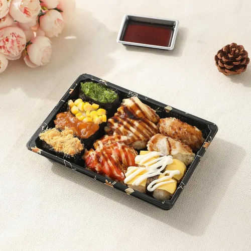 Vista 8 de Juego de vajilla desechable para 50 bandejas recipientes de sushi con tapas de 7.3 x 5.1 pulgadas, cajas desechables para sushi para llevar, 50
