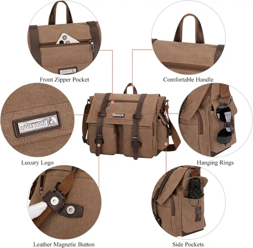Vista 7 de WITZMAN Vintage Canvas Messenger Bag for Men and Women Large Satchel Bags Crossbody Shoulder with 17 inch Laptop