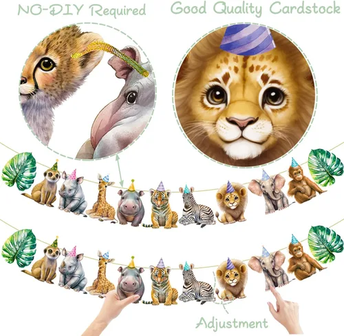 Vista 5 de Pancarta de animales de safari, 2 unidades, banderines recortados para fiesta de selva, carteles colgantes con temática de safari, decoraciones