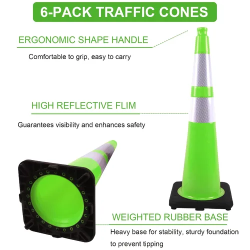 Vista 2 de OrangeStar 6 Pack 36" Conos de seguridad de tráfico, conos de estacionamiento verdes con collar reflectante, conos de construcción con base