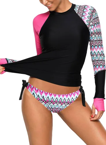 Vista 12 de Conjunto de tankini azteca de manga larga para mujer Negro Gl235