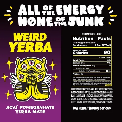 Vista 2 de Bebe Weird Organic Acai Pomegranate Yerba Mate – Latas de 16 onzas, 160 mg de cafeína orgánica, paquete de 12 – Alternativa a bebidas energéticas