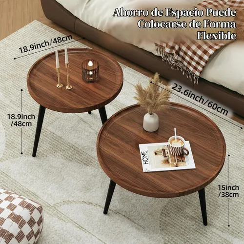 Vista 2 de 2 piezas de mesa de centro moderna de mediados de siglo, redonda para sala de estar, fácil de montar, mesas de centro anidables, mesa de centro
