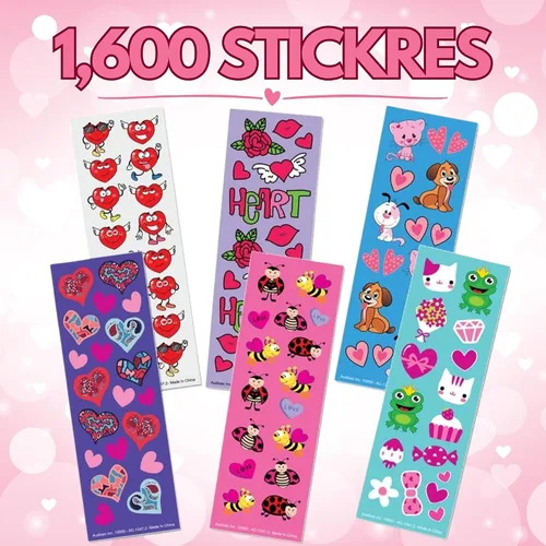 Vista 2 de ArtCreativity 1600 calcomanías de San Valentín para niños, con 100 hojas de calcomanías, calcomanías navideñas y surtido de golosinas, recuerdos