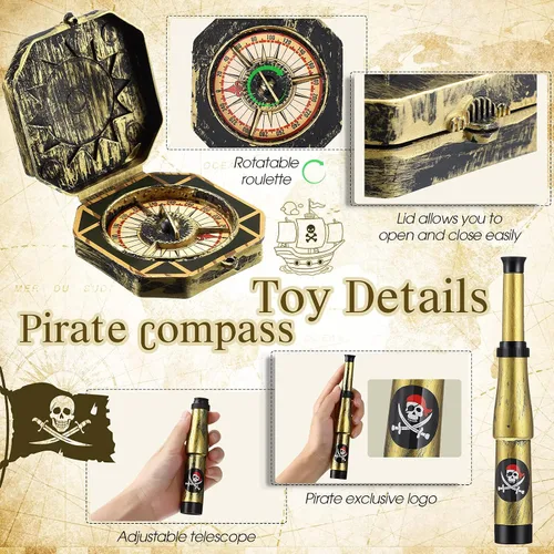 Vista 3 de Gejoy Juego de 2 piezas de accesorios piratas para niños, mini telescopio y brújula de juguete para fiesta, Halloween, cosplay, antiguo, retro