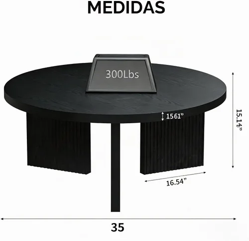 Vista 2 de Mesa de centro redonda de madera, mesa de centro de 35 pulgadas con mesa gruesa y lisa, mesa central de círculo bajo con patas estables