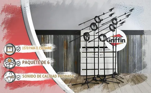 Vista 9 de GRIFFIN Paquete de 6 soportes de micrófono Boom (serie StageLOCK) con micrófonos vocales cardioides y cables XLR de 20 pies - Base de trípode