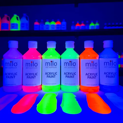 Vista 3 de milo Juego de 6 pinturas acrílicas fluorescentes Botellas de 4 onzas Paquete de pintura acrílica de colores neón para estudiantes Hecho