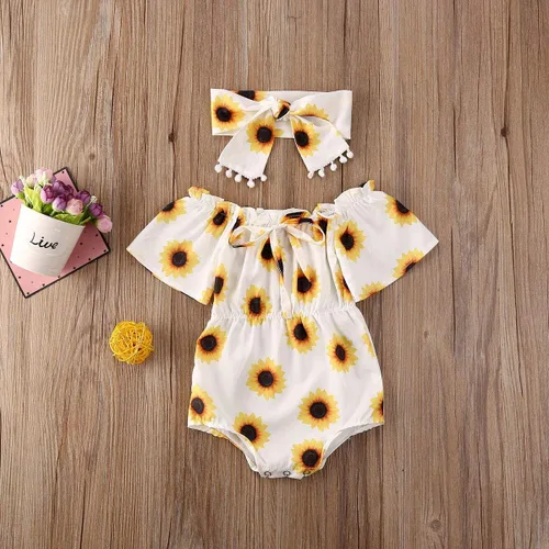 Vista 2 de Bebé Niña Ropa De Hombro Fuera De Girasol De La Piña De Impresión Mameluco Mono De Borla Diadema De Sunsuit Conjunto