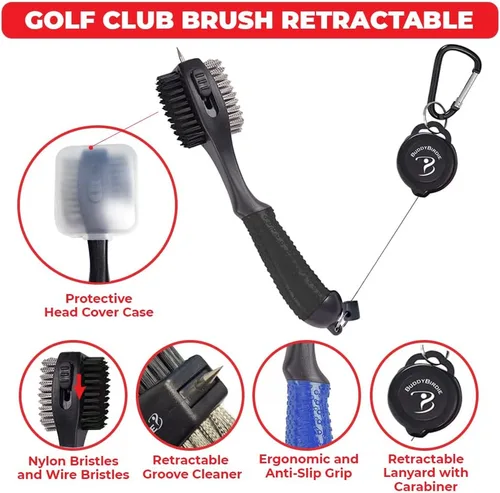 Vista 2 de Cepillo retráctil para palos de golf Cepillo doble de gran tamaño, agarre ergonómico, limpiador de ranuras retráctil y cordón