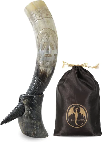Vista 10 de Cuerno vikingo con soporte Abuey natural grabado a mano grande Seguro para alimentos Regalos vikingos nórdicos únicos para hombres y mujeres