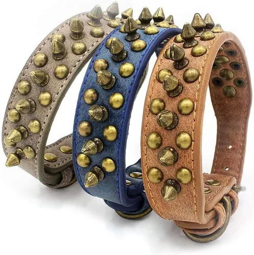 Vista 5 de Spike - Collar de perro con remaches con tachuelas vintage de bronce para cachorros, perros pequeños, medianos y grandes, azul, XS