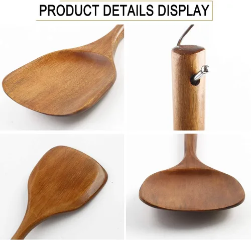 Vista 5 de uxcell Sartén de madera para freír, wok, utensilios de cocina esenciales para cocinar, hornear, voltear marrón Wok Kitchen, for Cooking Baking