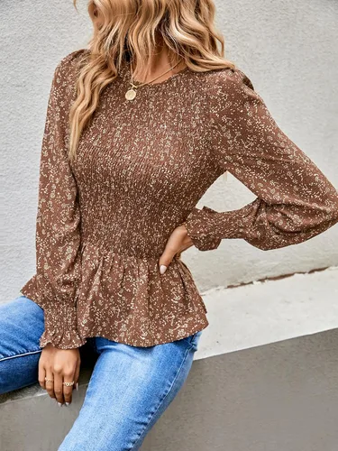 Vista 3 de PRETTYGARDEN Blusa casual de manga larga con cuello redondo y estampado floral dobladillo fruncido con volantes blusa tipo babydoll delgada