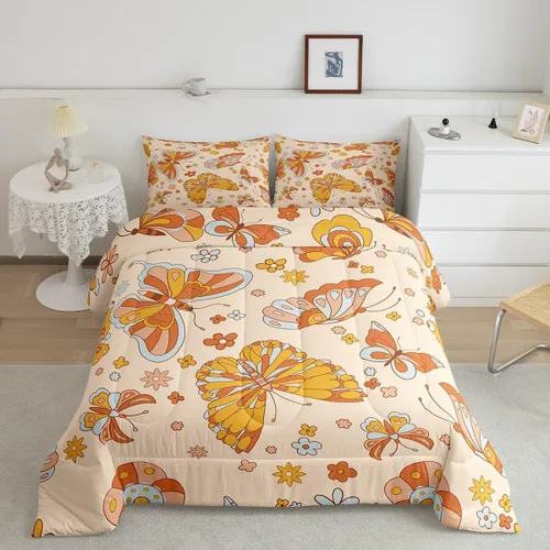 Vista 14 de Juego de ropa de cama con estampado floral bohemio, tamaño individual, diseño retro de flores groovy, 60S y 70S, juego de edredón de flores hippie