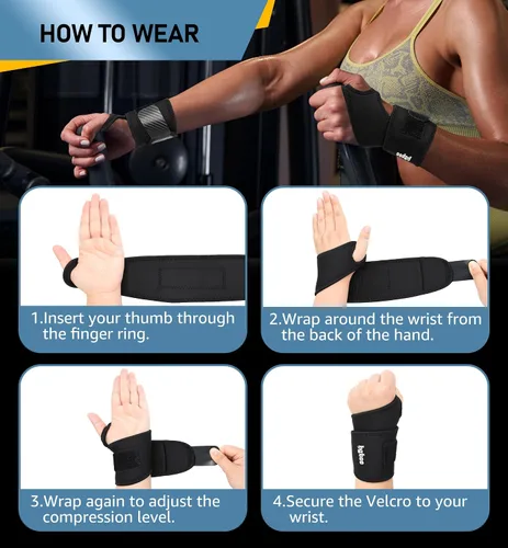 Vista 6 de Paquete de 2 muñequeras de levantamiento de pesas, muñequeras de neopreno grueso y duradero para levantamiento de pesas, entrenamientos de gimnasio
