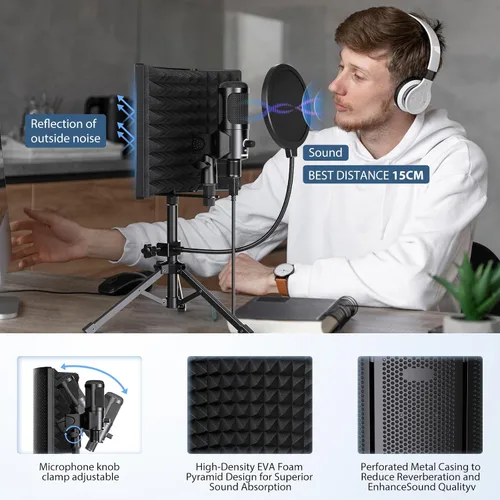 Vista 7 de Protector de aislamiento de micrófono de grabación de estudio con filtro pop y kit de tres soportes, grabación de música, micrófonos de condensador