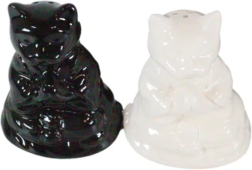 Vista 4 de Ebros Gift Blanco y negro Yin Yang Monasterio de monje zen religioso Buda Gatos Monjes Meditación Cerámica Sal y Pimentero Estatuilla Set Feng Shui